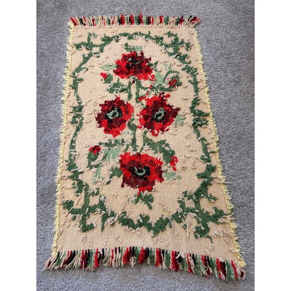 Vtg Floral Poppy Design Woven Textile Tapestry Rug Carpet Handmade 40" x 23" - Picture 2 of 4